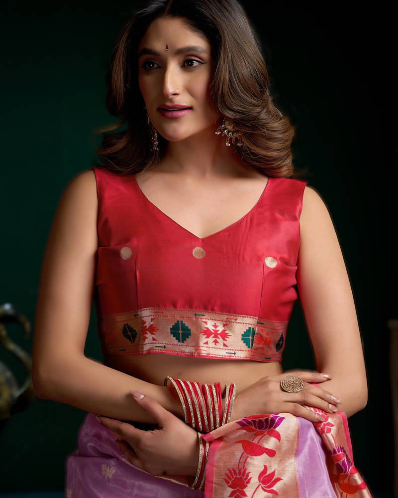 Onion pink  premium tissue paithani saree with lotus zari border & pum pum