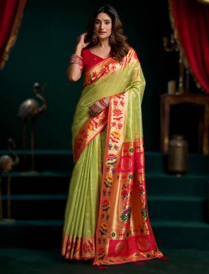 green premium tissue paithani saree with lotus zari border & pum pum 1