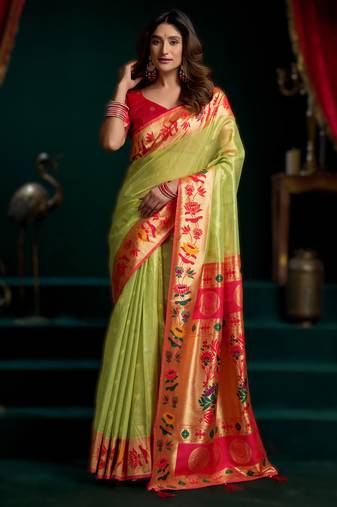 green premium tissue paithani saree with lotus zari border & pum pum