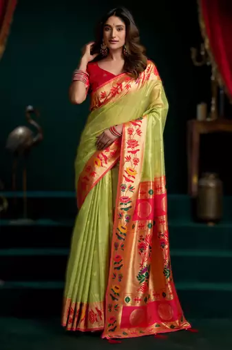 green premium tissue paithani saree with lotus zari border & pum pum