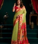green premium tissue paithani saree with lotus zari border & pum pum