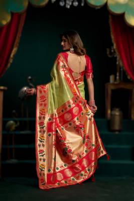 green premium tissue paithani saree with lotus zari border & pum pum 2