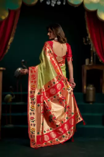 green premium tissue paithani saree with lotus zari border & pum pum