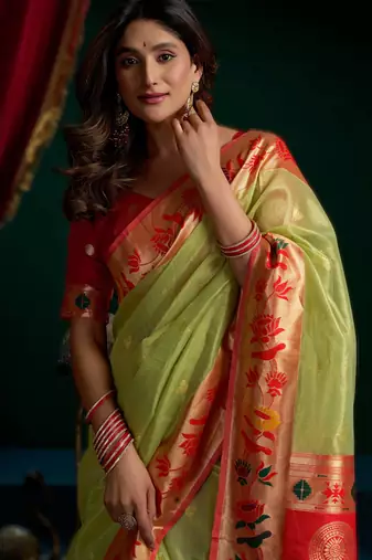 green premium tissue paithani saree with lotus zari border & pum pum