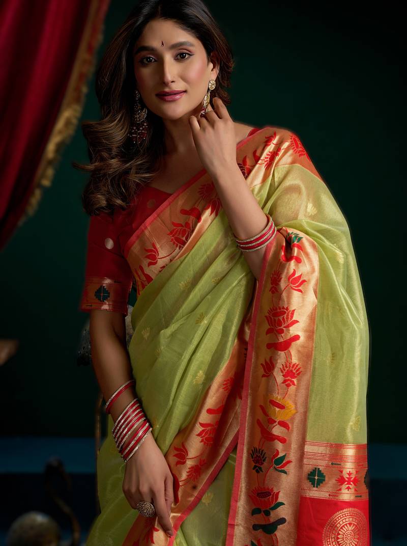 green premium tissue paithani saree with lotus zari border & pum pum
