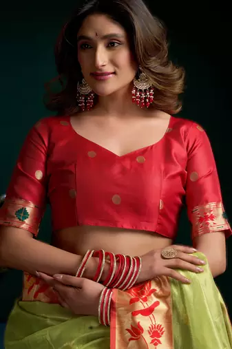 green premium tissue paithani saree with lotus zari border & pum pum