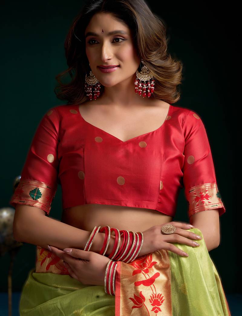 green premium tissue paithani saree with lotus zari border & pum pum