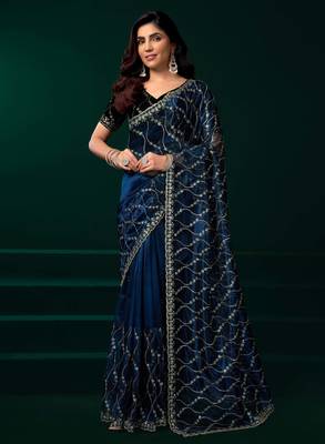 blue net saree with heavy sequins embroidery and pallu 1