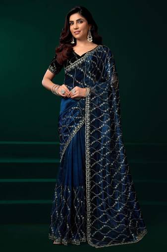 blue net saree with heavy sequins embroidery and pallu