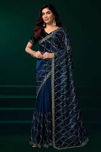 Blue sequins embroidered net designer party wear saree with unstitched velvet blouse