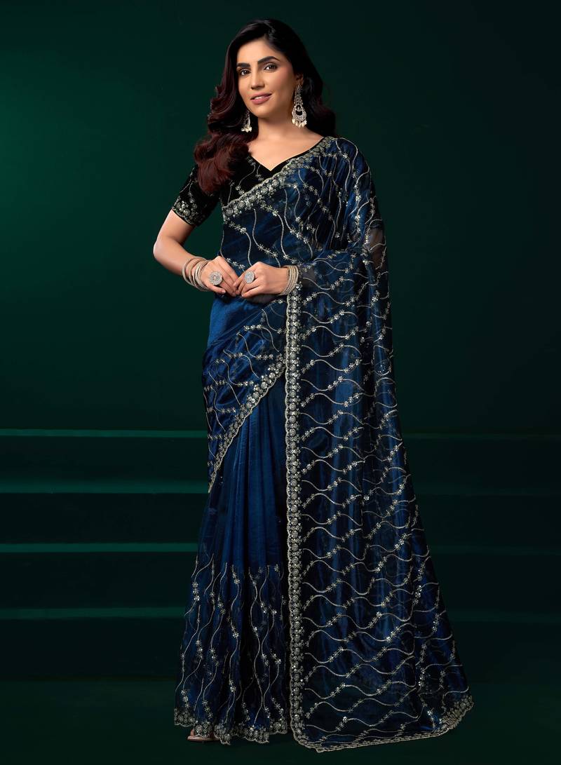 Blue sequins embroidered net designer party wear saree with unstitched velvet blouse