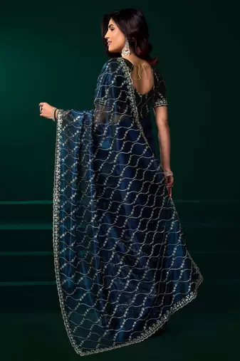 blue net saree with heavy sequins embroidery and pallu