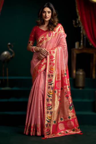 Light pink premium tissue paithani saree with lotus zari border & pum pum
