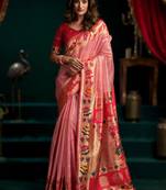 Light pink premium tissue paithani saree with lotus zari border & pum pum