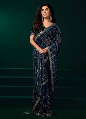 blue net saree with heavy sequins embroidery and pallu 3