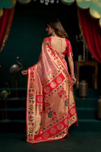 Light pink premium tissue paithani saree with lotus zari border & pum pum