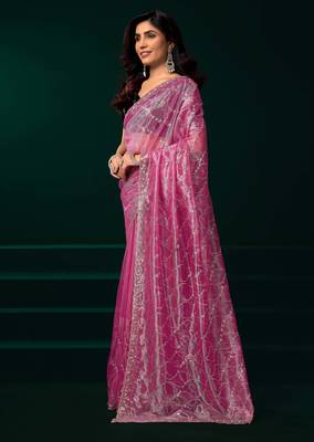 lavender net saree with sequins and scallop border 2