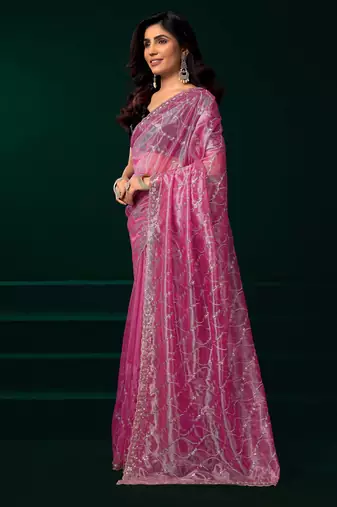 lavender net saree with sequins and scallop border