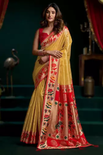 yellow premium tissue paithani saree with lotus zari border & pum pum