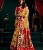 yellow premium tissue paithani saree with lotus zari border & pum pum