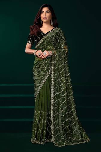 light green net saree with sequins embroidery