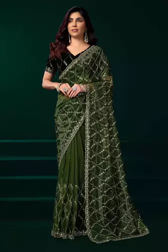 Light green net sequins work traditional designer saree with unstitched velvet blouse