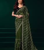 Light green net sequins work traditional designer saree with unstitched velvet blouse