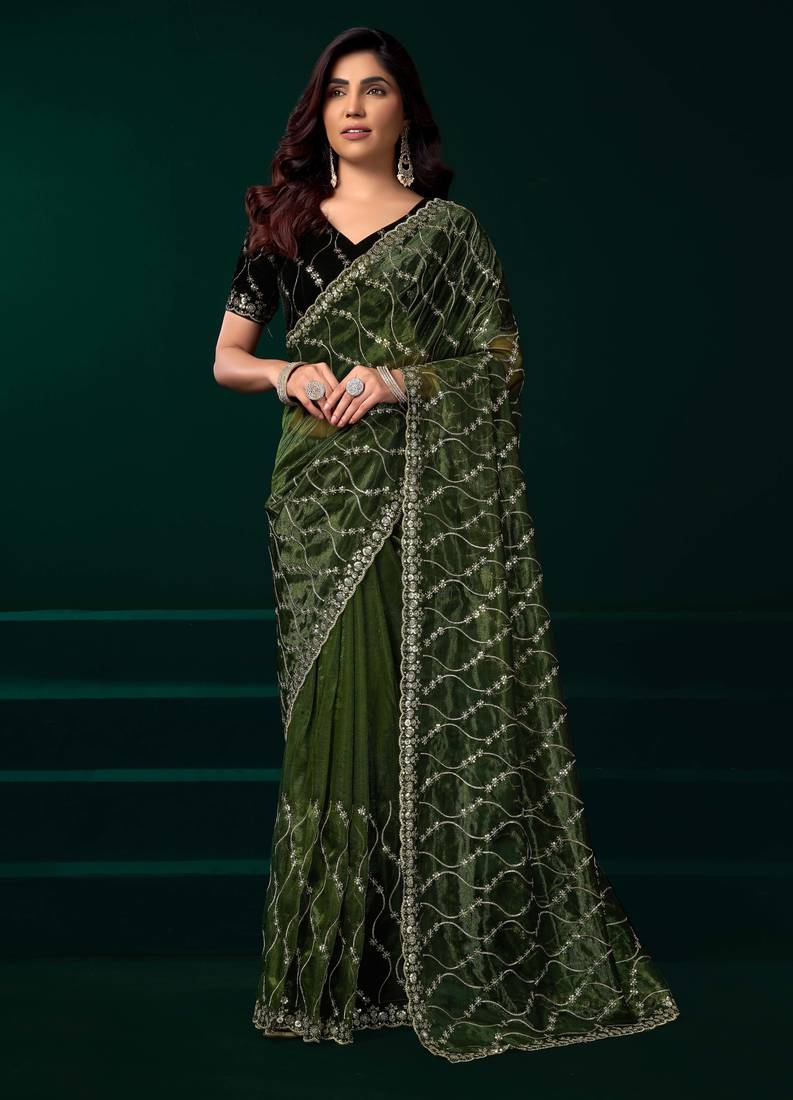 Light green net sequins work traditional designer saree with unstitched velvet blouse