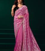 Light pink embroidered net wedding party saree with velvet designer blouse piece