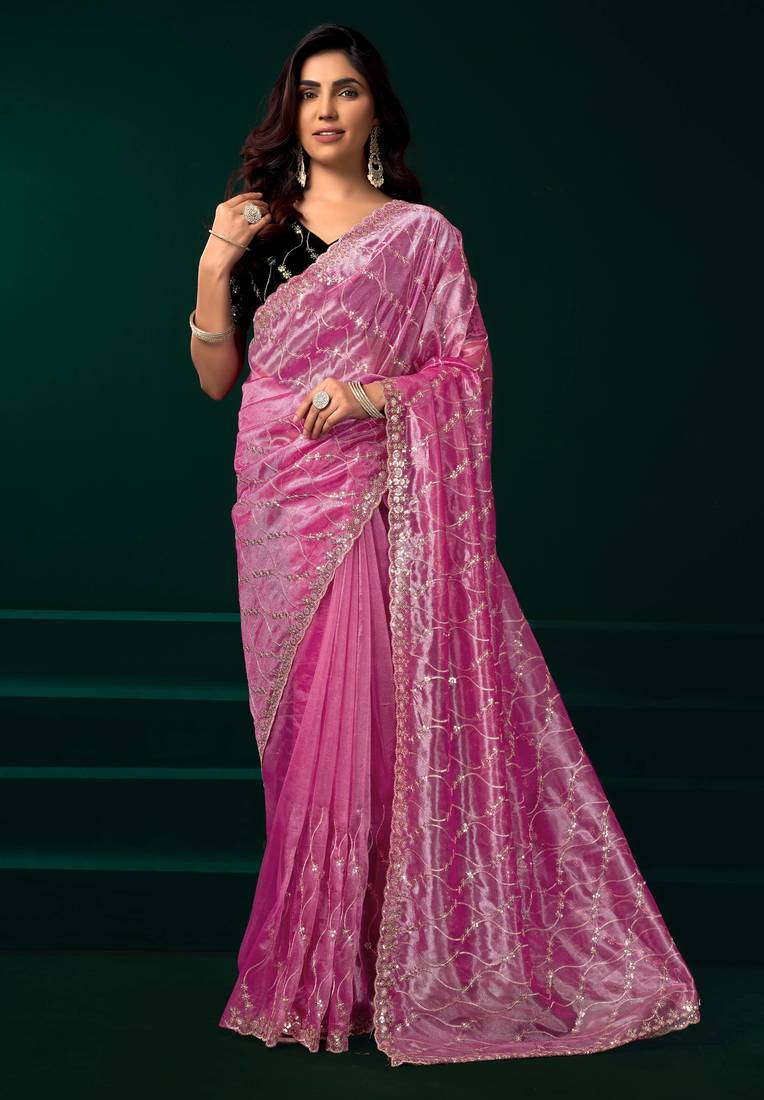 Light pink embroidered net wedding party saree with velvet designer blouse piece