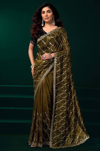 Mahendi net heavy sequins designer saree party wear with velvet unstitched blouse