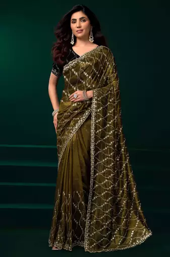 Mahendi net heavy sequins designer saree party wear with velvet unstitched blouse