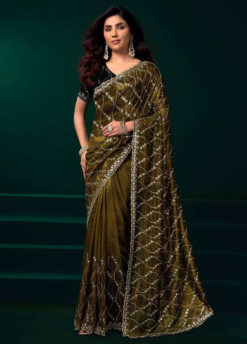 Mahendi net heavy sequins designer saree party wear with velvet unstitched blouse