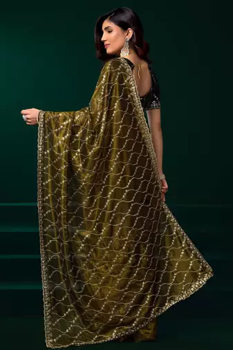olive net saree with sequins embroidery