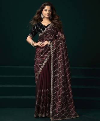 maroon net saree with embroidered pallu work 1