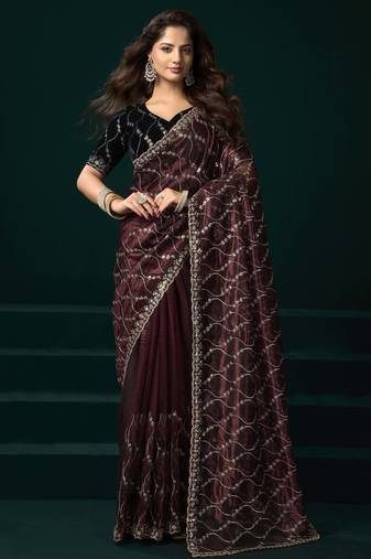 Maroon floral net embroidered party wear saree with velvet blouse piece