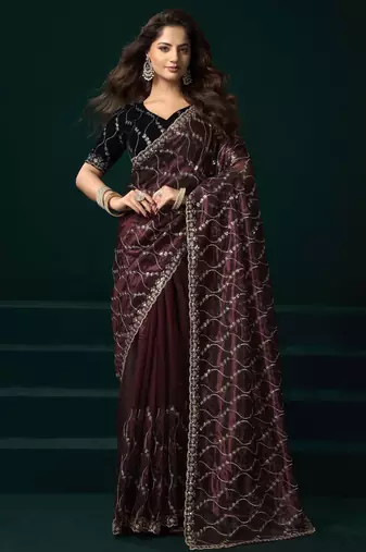 Maroon floral net embroidered party wear saree with velvet blouse piece