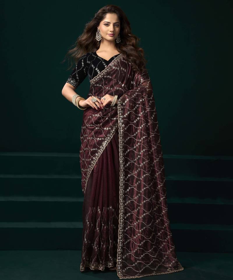 Maroon floral net embroidered party wear saree with velvet blouse piece