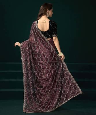 maroon net saree with embroidered pallu work 2