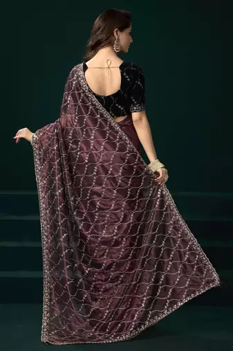 maroon net saree with embroidered pallu work