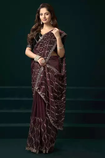 maroon net saree with embroidered pallu work