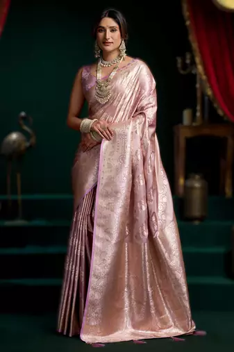 Light onion pink premium satin silk saree with stylish pom-pom pallu