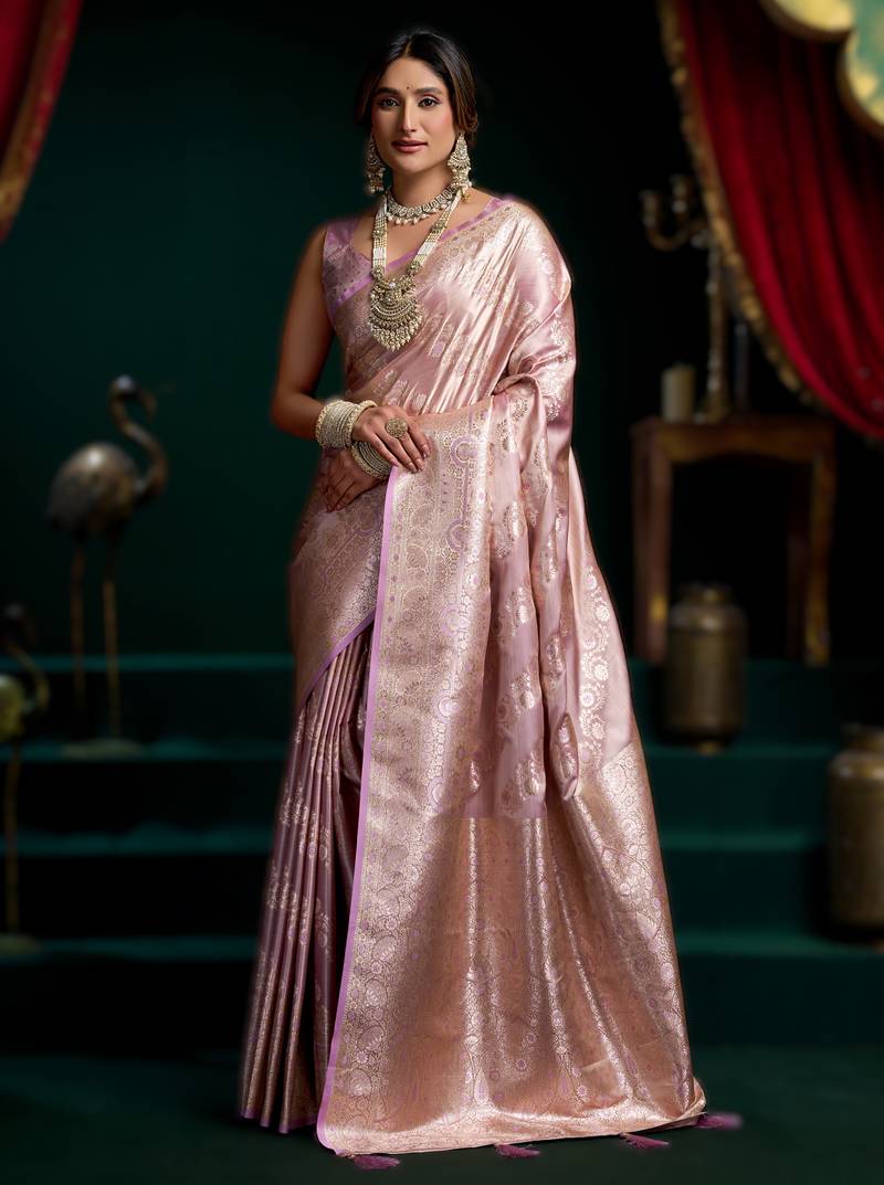 Light onion pink premium satin silk saree with stylish pom-pom pallu
