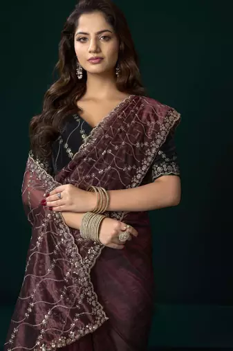 maroon net saree with embroidered pallu work