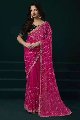 Pink designer net saree sequins embroidery party wear with velvet blouse
