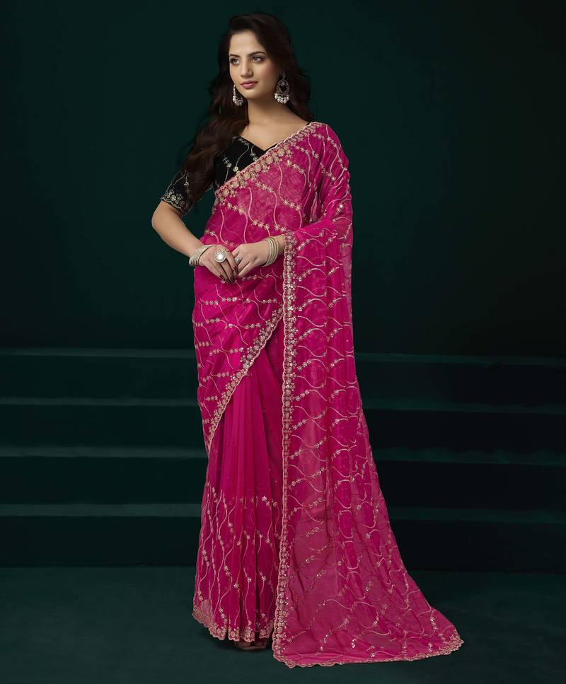 Pink designer net saree sequins embroidery party wear with velvet blouse