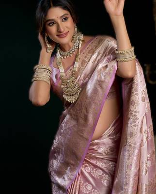 Light onion pink premium satin silk blend saree with stylish pom-pom pallu 3