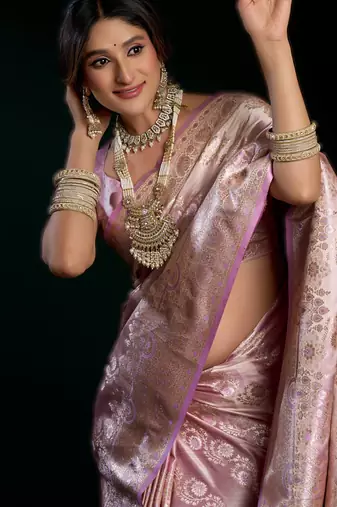Light onion pink  satin silk blend saree with stylish pom-pom pallu