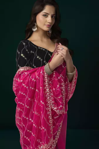 pink net saree with embroidered pallu work
