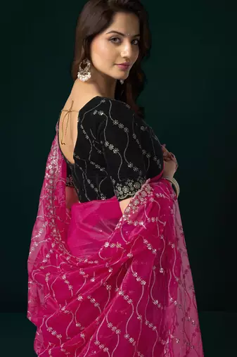 pink net saree with embroidered pallu work